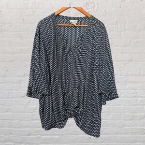 Catherines Women’s Navy Geometric Print‎ Blouse 3/4 Sleeve Draped Hem Top 26/28